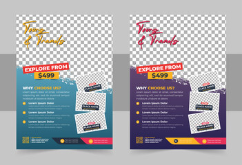 Travel poster or flyer pamphlet brochure design layout space for photo background. Multicolor Travel flyer template for travel agency
