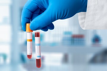 Woman holding test tube with blood, health concept