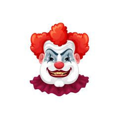 Clown spooky creature with angry face expression and red wing isolated scary cartoon character. Vector circus monster, evil clown with sharp teeth and fangs, Halloween holiday creepy monster