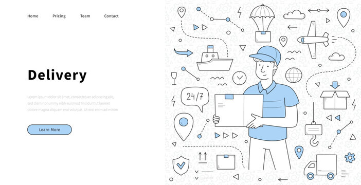 Delivery service doodle landing page. Mailman with parcel in hands and shipping icons around. Express transportation, logistics by airplane, ship, truck commercial company, Linear vector web banner