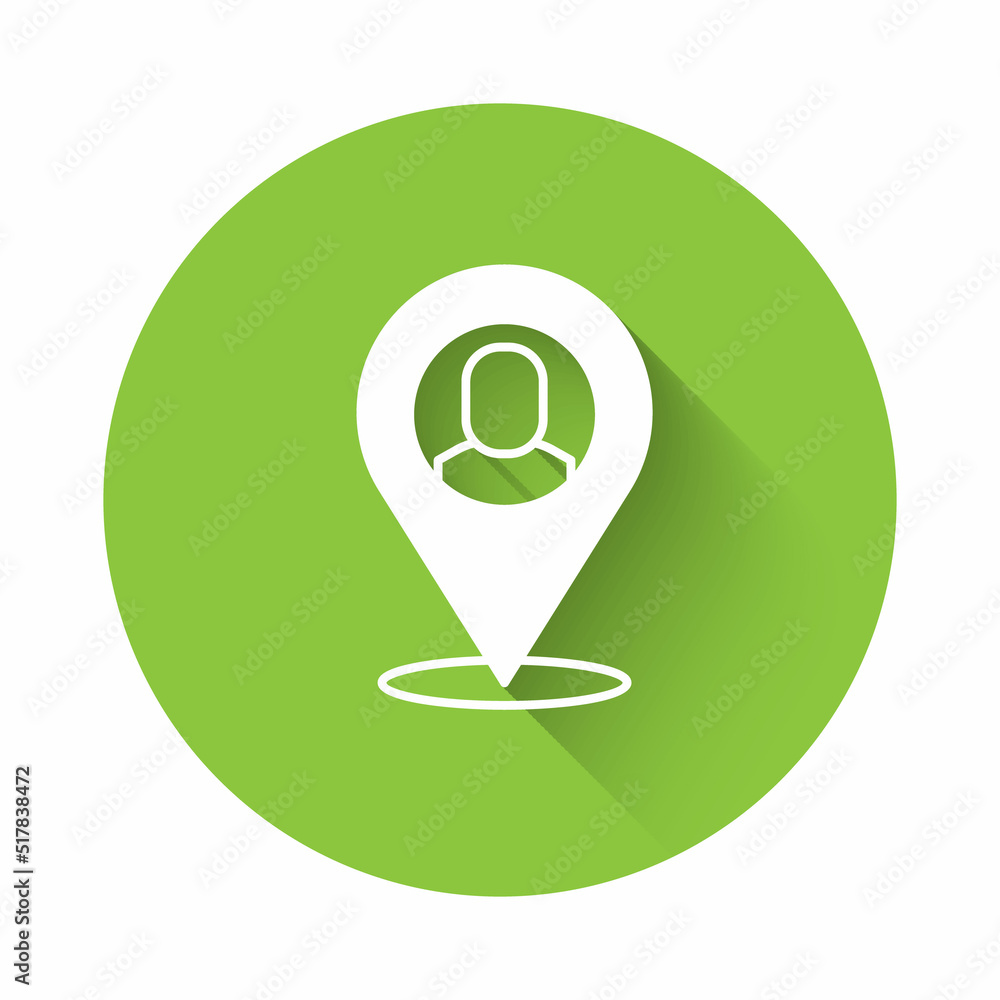 Poster white worker location icon isolated with long shadow background. green circle button. vector