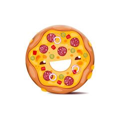 Cartoon pizza fast food character. Funny vector whole street junk meal with kawaii face. Smiling takeaway snack with olives, sausages, onion and red pepper on cheese layer isolated italian delicacy