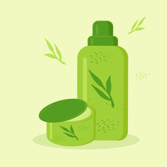 tube and jar with cosmetics is decorated with plants in green