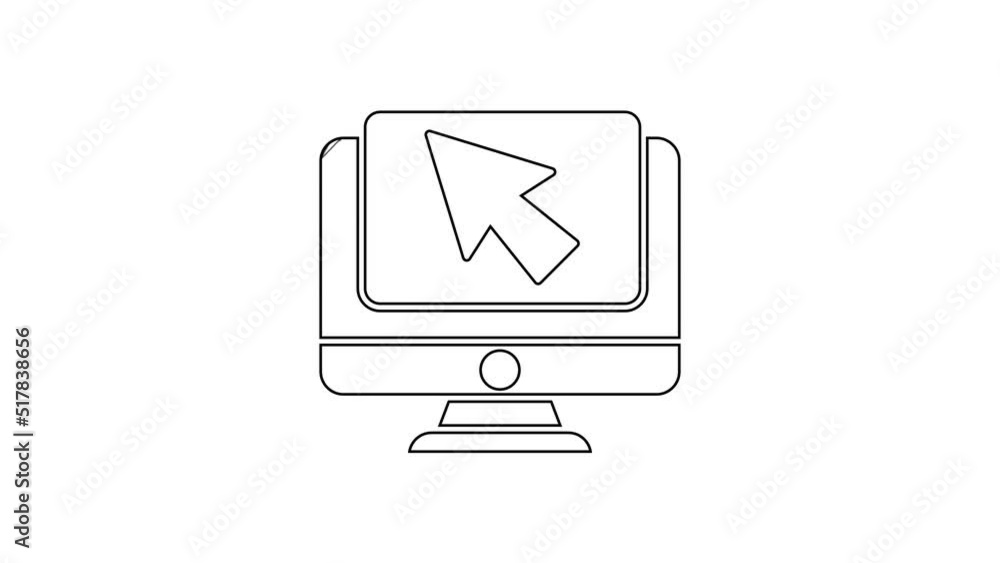 Poster black line computer monitor and cursor icon isolated on white background. computer notebook with emp