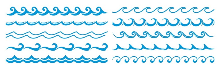 Sea and ocean surf wave line, blue water wave borders, frame lines and dividers. Vector embellishments of nautical pattern with stormy water ripples, curves, marine swirls, curls and scrolls © Vector Tradition