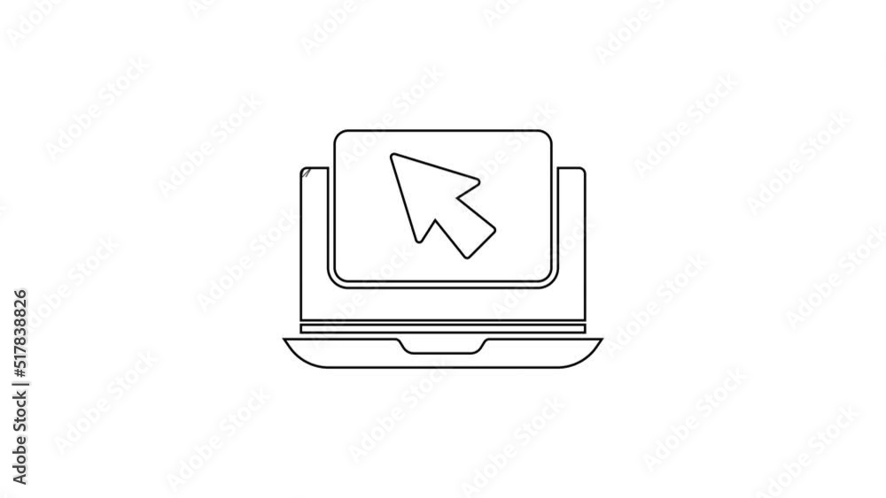 Poster black line laptop and cursor icon isolated on white background. computer notebook with empty screen 