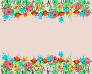 Horizontal floral backdrop decorated with gorgeous  blooming flowers and leaves border. Spring botanical flat illustration on background