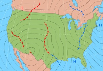Forecast weather isobar map of USA states, wind front and temperature vector diagram. Meteorology climate and weather forecast isobar of America US with cold cyclone and atmospheric pressure chart - obrazy, fototapety, plakaty