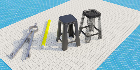Design furniture concept. Stool, pencil, calipers on drawing blueprint. Overhead view. 3d render