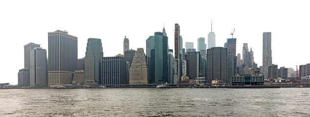 New York City midtown Manhattan skyline panorama view over Hudson River, white background.