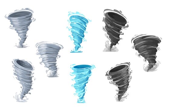 Tornado storm, vector whirlwind twister or cyclone hurricane, vector wind funnels. Tornado or typhoon and hurricane air swirl or storm vortex and windstorm twist in blue, gray and black