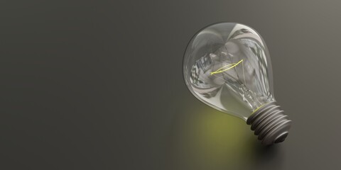Light bulb on empty grey background. Old fashioned screw lamp, banner, copy space. 3d render