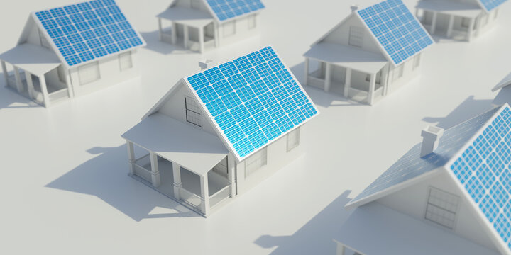 Eco House With Sun Solar Panel On Roof On White Background. Overhead View. 3d Render