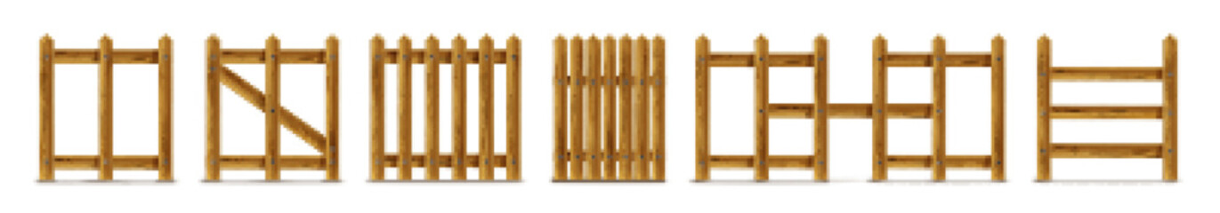 Wooden fence, palisade, stockade or balusters with pickets. Brown banister or fencing sections with paling. Wood rustic garden, ranch or farm border isolated elements, Realistic 3d vector illustration