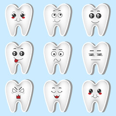 Set of funny teeth stickers with kawaii emotions. Flat vector illustration of teeth with emotions isolated on blue background.