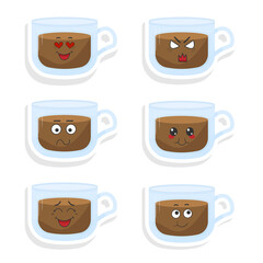 Vector set of funny coffee mug stickers with kawaii emotions. Kawaii faces. Vector illustration on white background