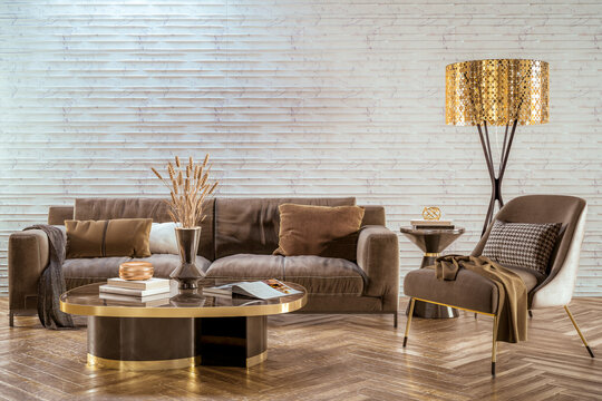 Wohnlandschaften: moderne Couchgarnitur mit einer Stehlampe - 3D Visualisierung