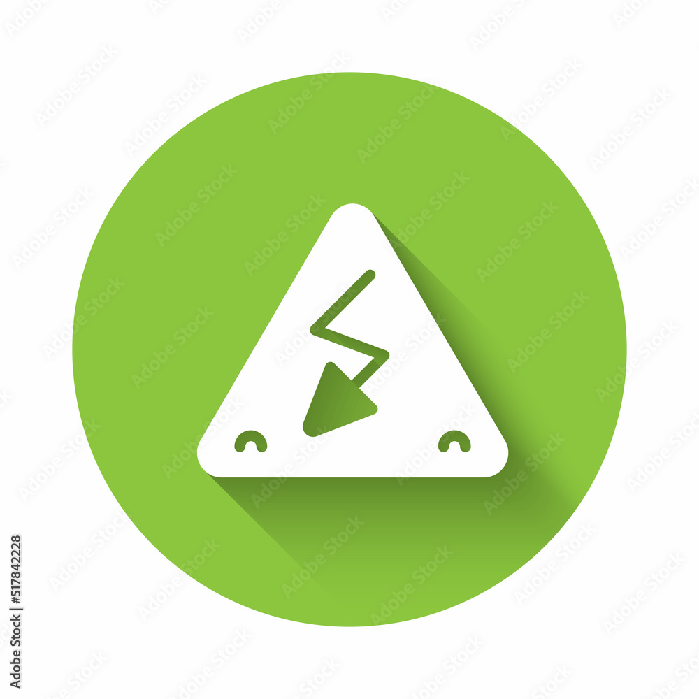 Poster white high voltage sign icon isolated with long shadow background. danger symbol. arrow in triangle.