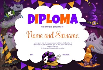Halloween kids diploma, ghosts, witch and wizard hats, vector education certificate. Appreciation award or diploma with Halloween cartoon ghost ghouls in witch hats with skulls and bows