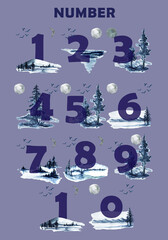Collection of numbers on blue watercolor background of nature,mountains,forest,lake,sky,hand painted.Suitable for poster printing,print,design work,thank you card and wedding invitations.Elegant numbe