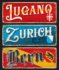 Lugano, Bern, Zurich, Swiss city plates and travel stickers, vector luggage tags. Switzerland cities tin signs and travel plates with landmarks, flag emblems and tourism sightseeing symbols