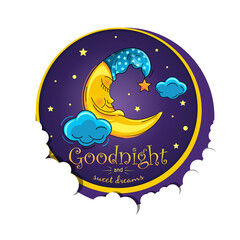 The anthropomorphic moon sleeps sweetly in the starry sky. Cartoon moon in a night cap. Sleeping moon. Good night and sweet dreams. Vector illustration