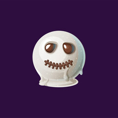 Gingerbread cookie with icing topping creepy ball with spooky zombie face isolated cartoon cake in shape of ghost. Vector Halloween trick or treat confectionery cookies. Homemade baked food with sugar