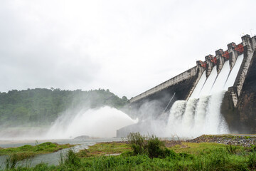 Spillway of Khun Dan Prakarn Chon Dam at Nakhon Nayok province, Thailand in rainy season.