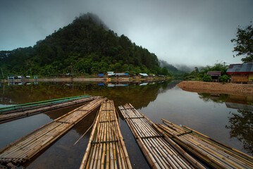 Fototapeta na wymiar Bamboo in the river with a mountain background