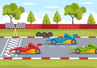 Fotobehang Formula Racing Sport Car Reach on Race Circuit the Finish Line Cartoon Illustration to Win the Championship in Flat Style Design © denayune