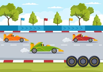 Fototapeten Formula Racing Sport Car Reach on Race Circuit the Finish Line Cartoon Illustration to Win the Championship in Flat Style Design © denayune
