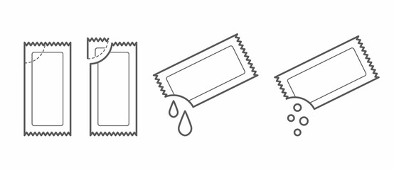 Set of sachet icons. Stick packaging template for sugar, pepper, souse, medicine, tissue and food. Vector