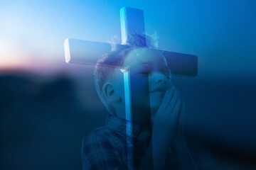 Young person praying and silhouette jesus christ cross against sky. spirituality, religion, worshipper, meditation, christianity and national day of prayer.