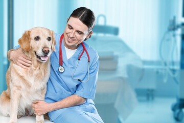 Veterinary Clinic Advertisement Concept. Happy male Nurse In Uniform Posing With Dog