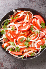 Ensalada chilena is a Chilean salad consisting of tomatoes, onions, olive oil, and coriander closeup in the plate on the table. Vertical top view from above