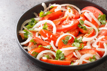 Concept healthy appetizer Fresh tomatoes with onion and spices closeup in the plate on the table. Horizontal