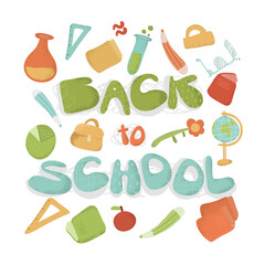 Back to school with school items and elements. vector banner design. Background Banner with text, Backpack and Educational Supplies, Pen, Pencil. school doodle ellement