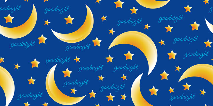 Goodnight seamless background. Moon and stars against the backdrop of the night sky. Template for designing pajamas, blankets and other accessories for sleeping. Vector illustration