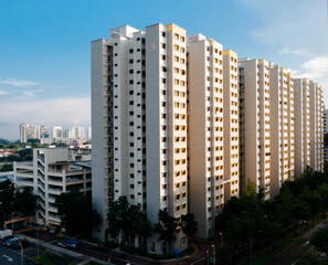 Perspective view of Singapore's HDB housing apartment blocks in a residential neighbourhood. Modern housing development.