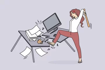 Fotobehang Angry woman employee crash office table suffer from nervous breakdown at workplace. Furious businesswoman break furniture in cabinet having burnout. Vector illustration.  © Dzianis Vasilyeu
