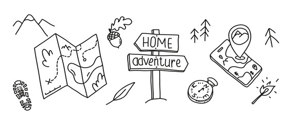 Adventure navigation vector. Outdoor navi equipment doodle set. camping and maps hand drawn.