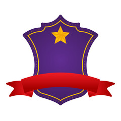 Purple Blank Star Shield Frame With Red Ribbon On White Background.