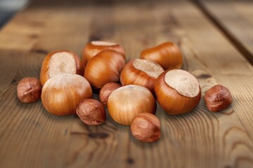 Tasty healthy Hazel set. Hazelnut in broken shell, white nut, whole nut. Collection.