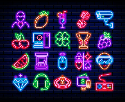 Neon Game Icons. Casino And Roulette Games. Dice And Cards Signs On Brick Wall. Online Bonus For Gambling. Coin Slot Machine. Fruits And Fortune Symbols Set. Vector Graphic Collection