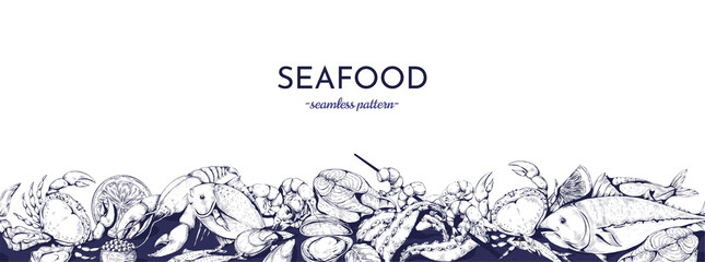 Obraz premium Sea food pattern. Fresh marine fish, and ocean products, lobster and salmon, cooked ingredients, restaurant menu background, sketch seafood, gourmet dinner. Vector seamless background