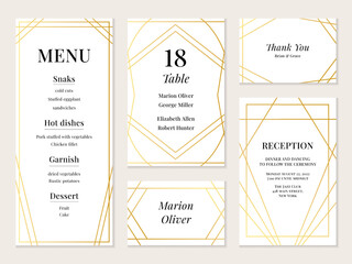 Golden elegant wedding menu with frame and text. Invitation elegant template collection. Gold corporate cards set. Luxury geometric layout. Marriage banquet. Vector design background