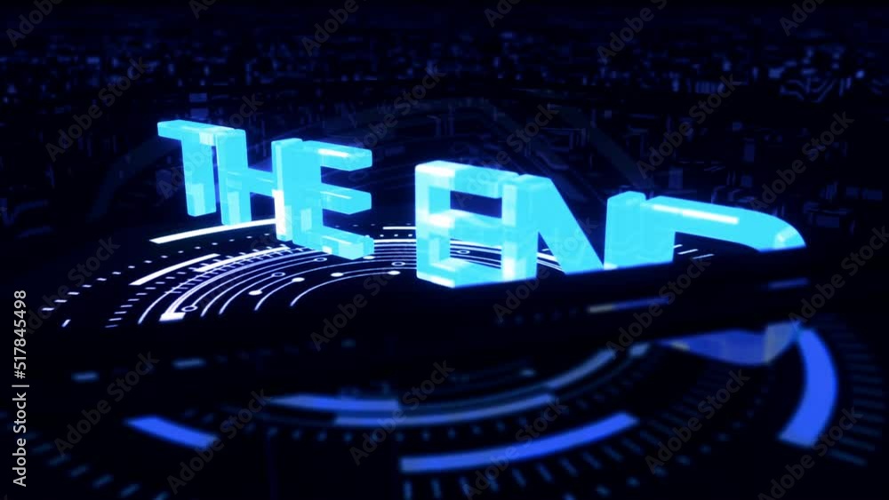 Poster the end 3d word cinematic hitech. 4k 3d render seamless loop the end neon blue text abstract backgro