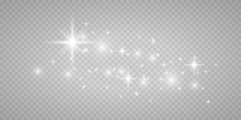 White png dust light. Bokeh light lights effect background. Christmas background of shining dust Christmas glowing light bokeh confetti and spark overlay texture for your design.