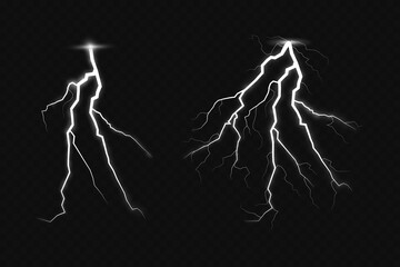 Set of lightning magical and bright light effect. Thunderstorm with lightning and clouds. Vector illustration. Discharge electrical current. Charge current. natural phenomena.