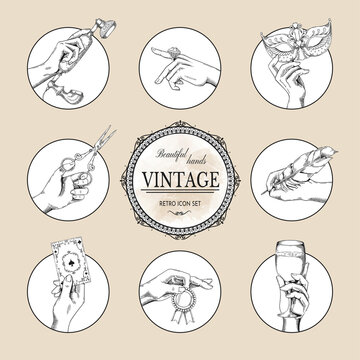 Vintage hand icons. Retro sketch logo. Arms holding wine glass and mask. Jewelry ring on forefinger. Quill pen for writer. Poker card. Award badge. Vector illustration stickers set